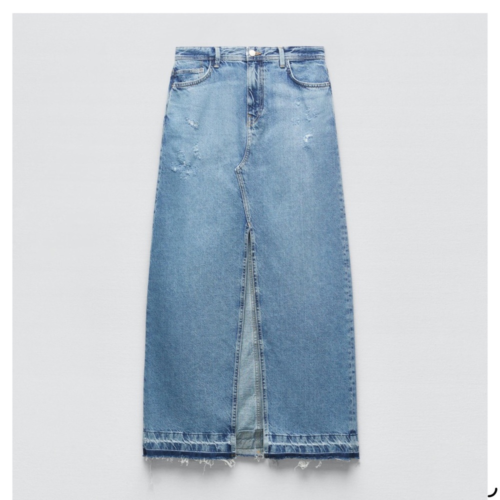 Zara Light Blue Denim Maxi Skirt with Front Slit